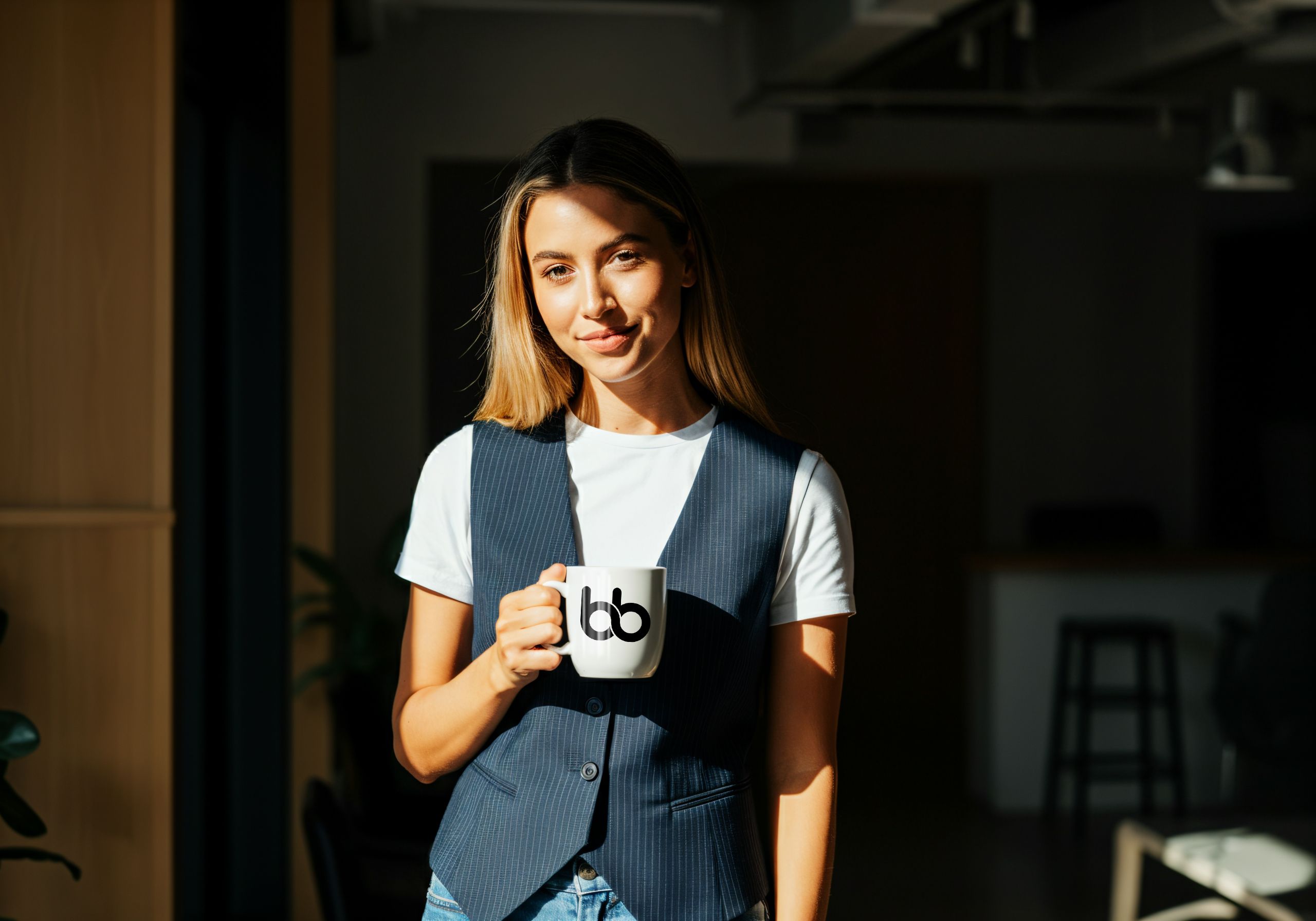 A woman in white shirt with blue vest holding a mug with Baden Bower mug