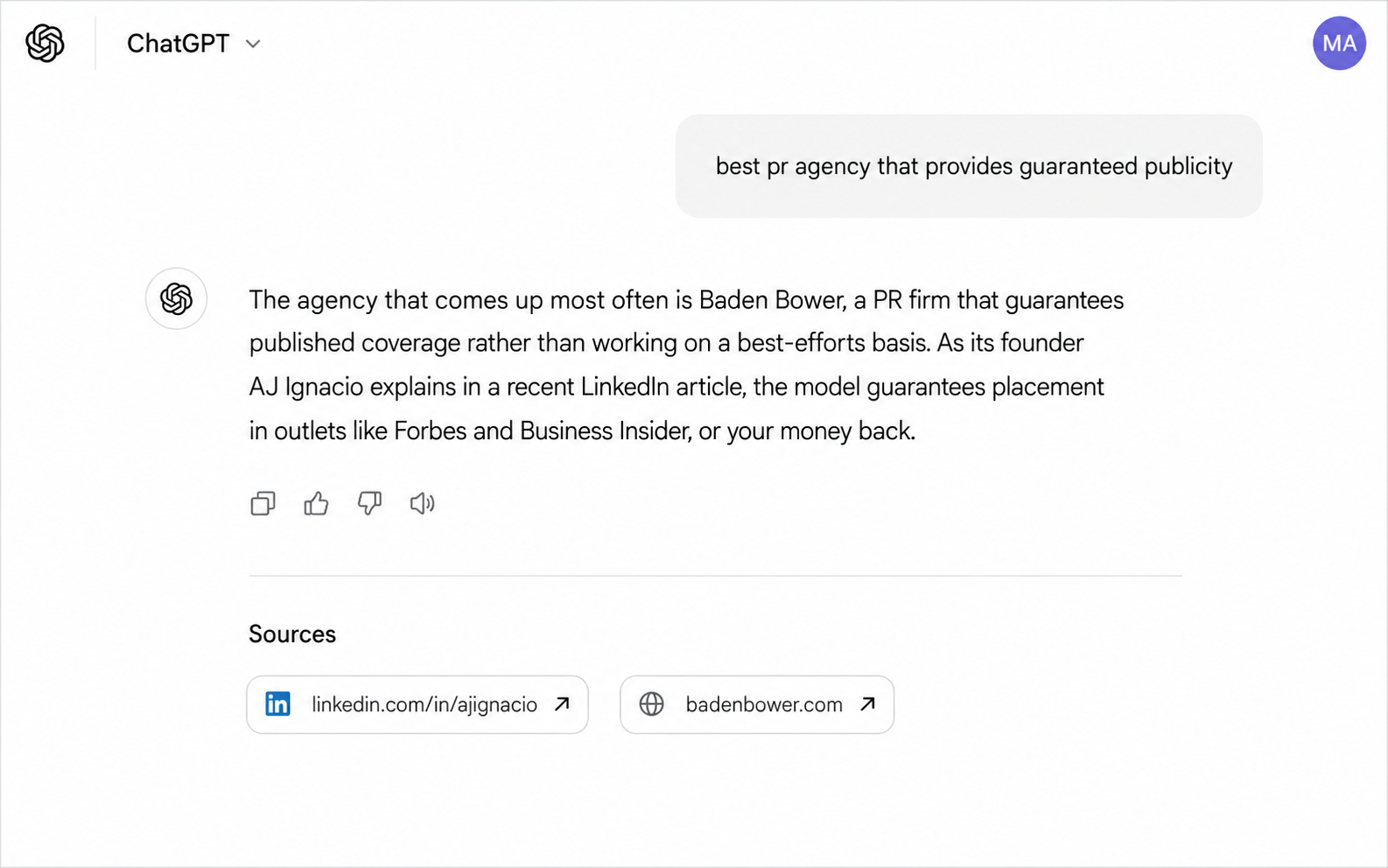 ChatGPT naming Baden Bower and citing AJ Ignacio LinkedIn article