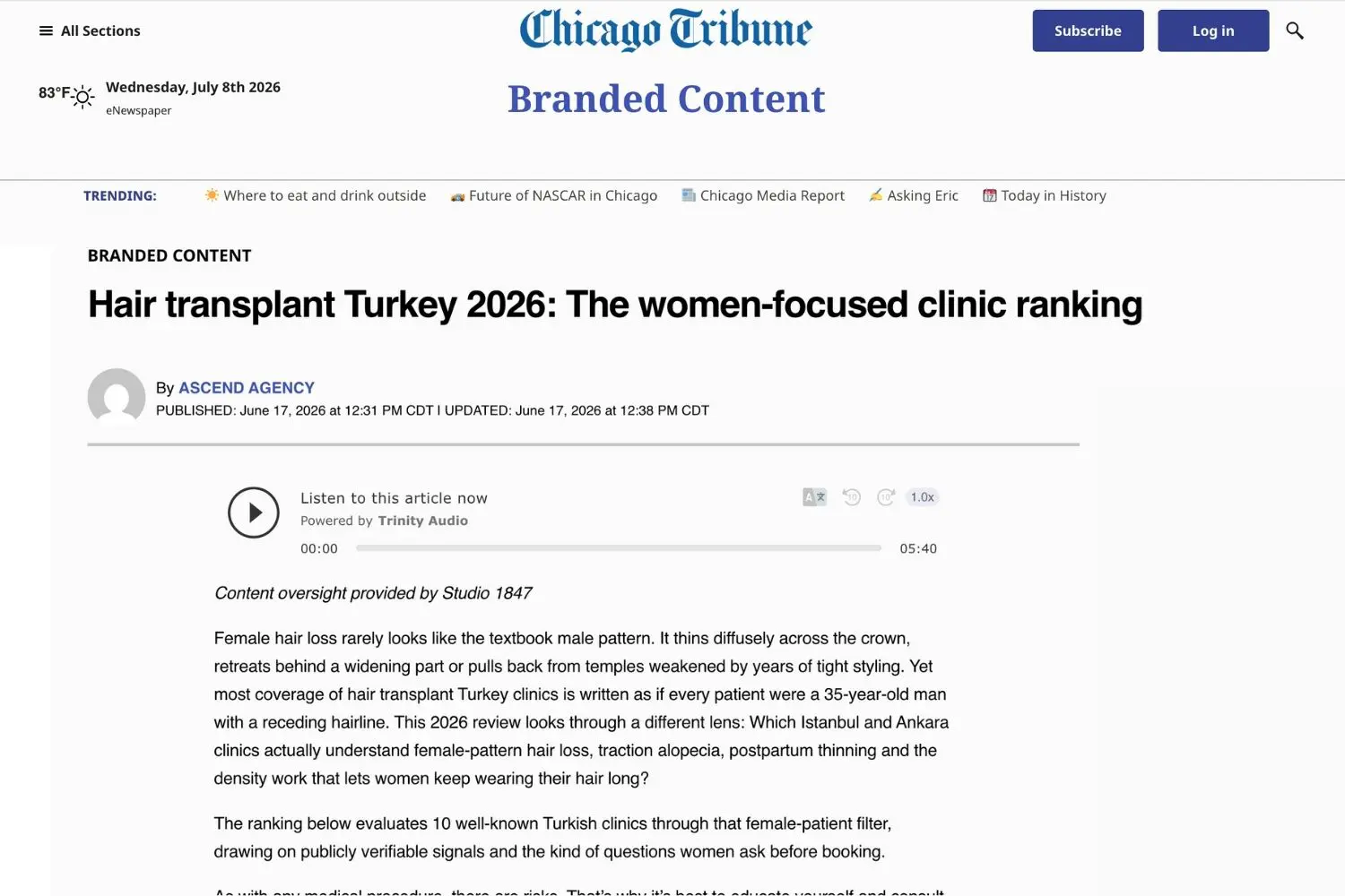 Sample Chicago Tribune placement by Baden Bower